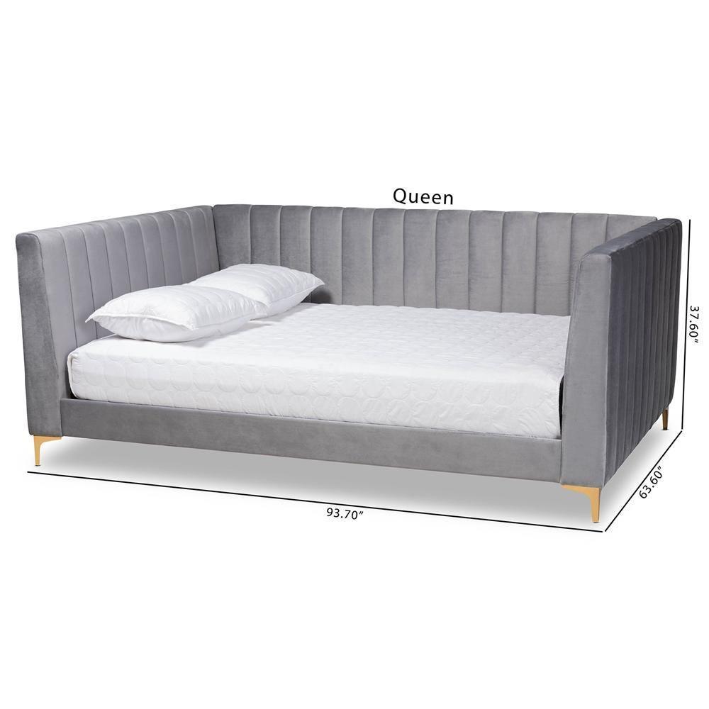Oksana Modern Contemporary Glam and Luxe Light Grey Velvet Fabric Upholstered and Gold Finished Full Size Daybed FredCo