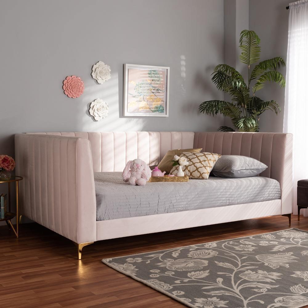 Oksana Modern Contemporary Glam and Luxe Light Pink Velvet Fabric Upholstered and Gold Finished Full Size Daybed FredCo