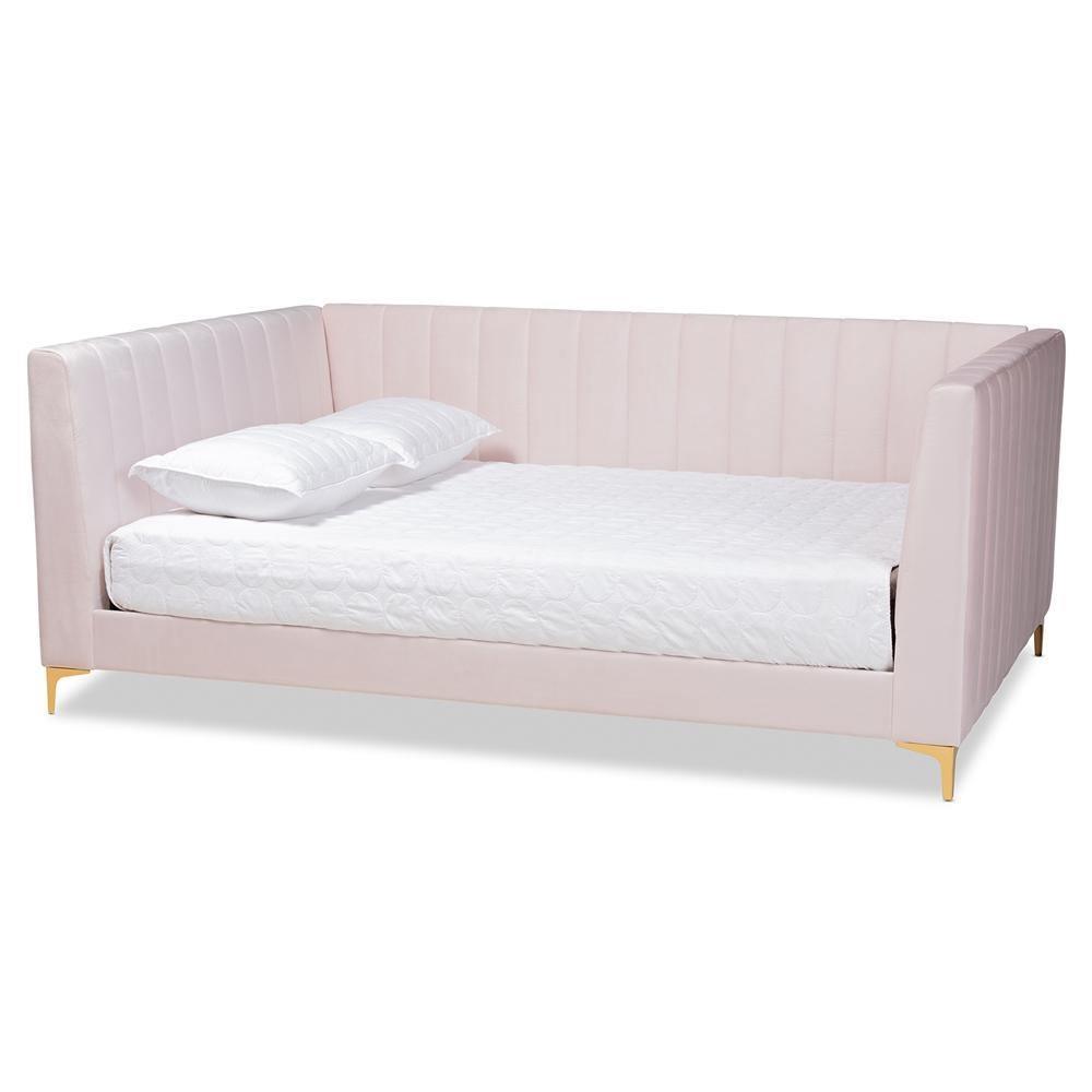 Oksana Modern Contemporary Glam and Luxe Light Pink Velvet Fabric Upholstered and Gold Finished Queen Size Daybed FredCo
