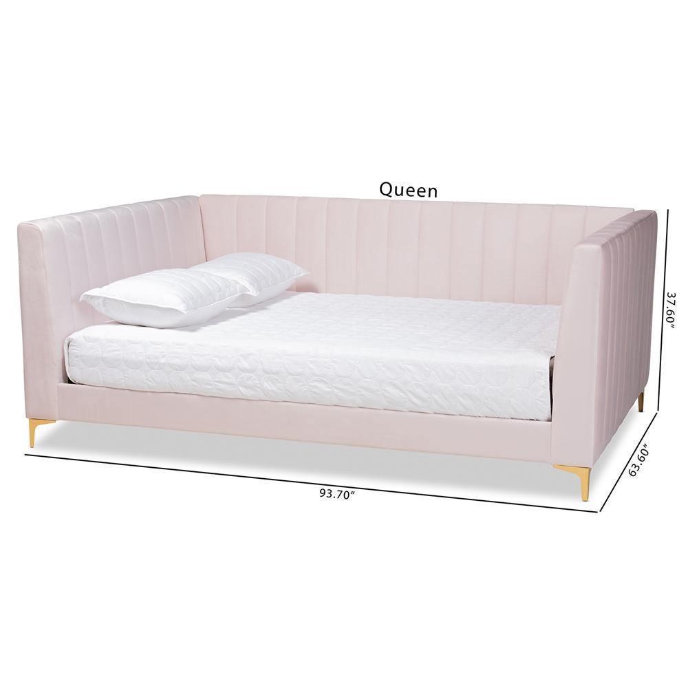Oksana Modern Contemporary Glam and Luxe Light Pink Velvet Fabric Upholstered and Gold Finished Queen Size Daybed FredCo