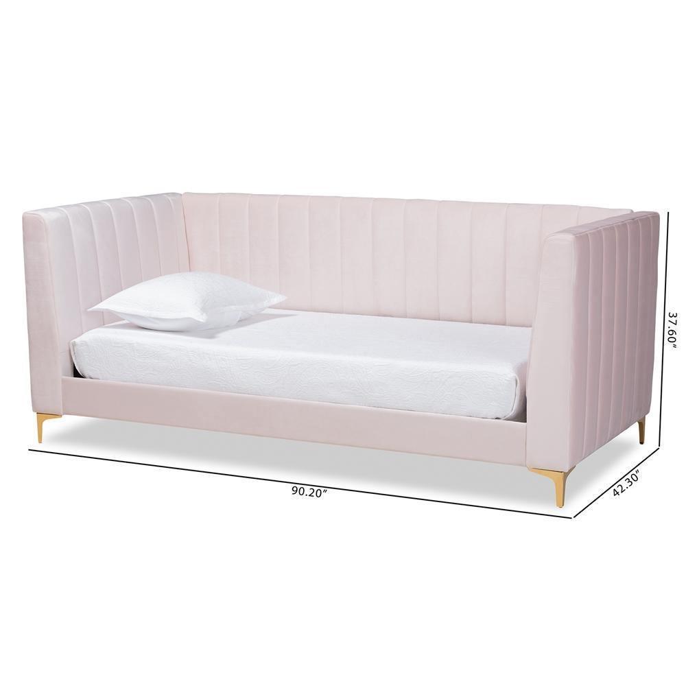Oksana Modern Contemporary Glam and Luxe Light Pink Velvet Fabric Upholstered and Gold Finished Twin Size Daybed FredCo