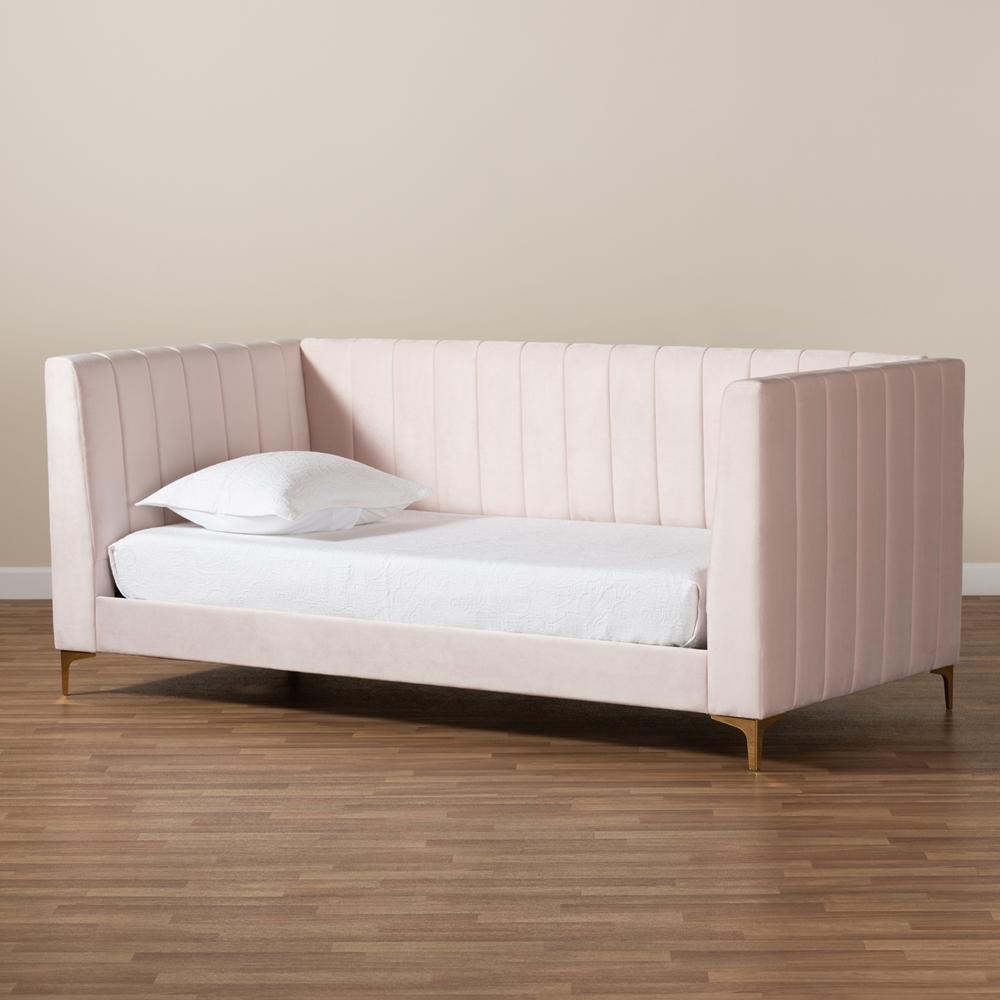 Oksana Modern Contemporary Glam and Luxe Light Pink Velvet Fabric Upholstered and Gold Finished Twin Size Daybed FredCo