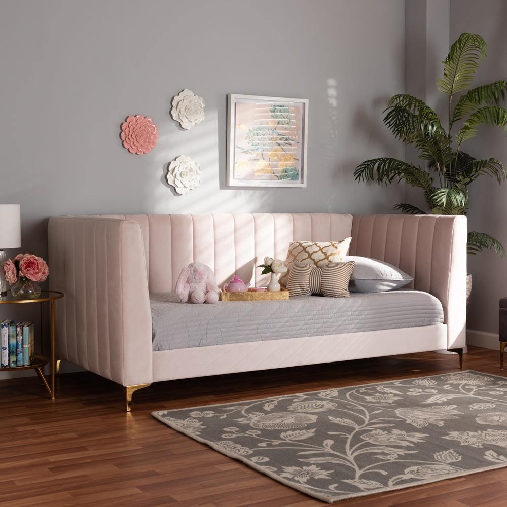 Oksana Modern Contemporary Glam and Luxe Light Pink Velvet Fabric Upholstered and Gold Finished Twin Size Daybed FredCo