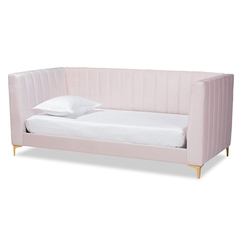 Oksana Modern Contemporary Glam and Luxe Light Pink Velvet Fabric Upholstered and Gold Finished Twin Size Daybed FredCo