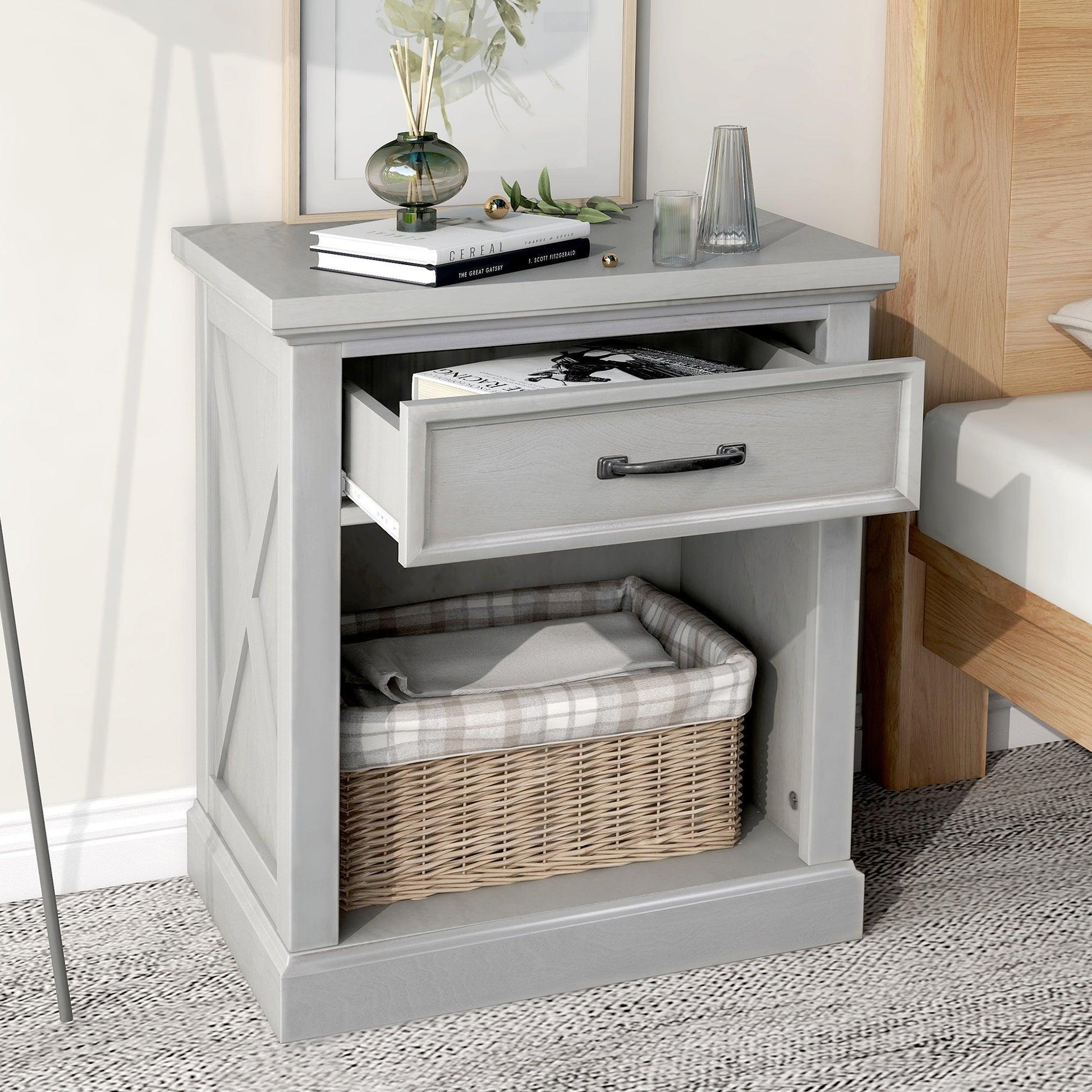 Old Paint Style Modern Wooden Nightstand Gray FredCo