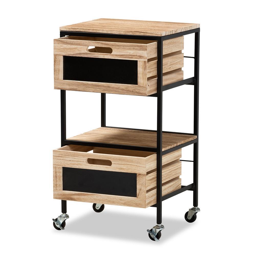 Olinda Modern Industrial Oak Brown Finished Wood and Black Metal 2-Drawer End Table FredCo