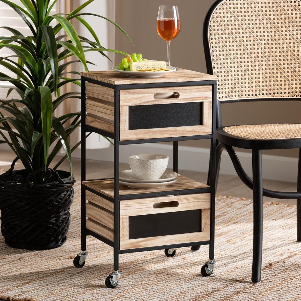 Olinda Modern Industrial Oak Brown Finished Wood and Black Metal 2-Drawer End Table FredCo