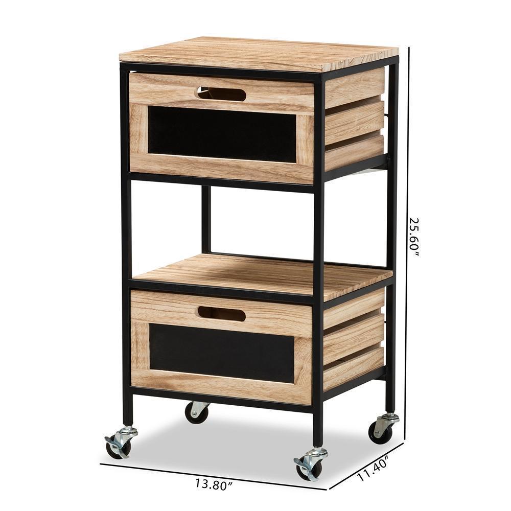 Olinda Modern Industrial Oak Brown Finished Wood and Black Metal 2-Drawer End Table FredCo