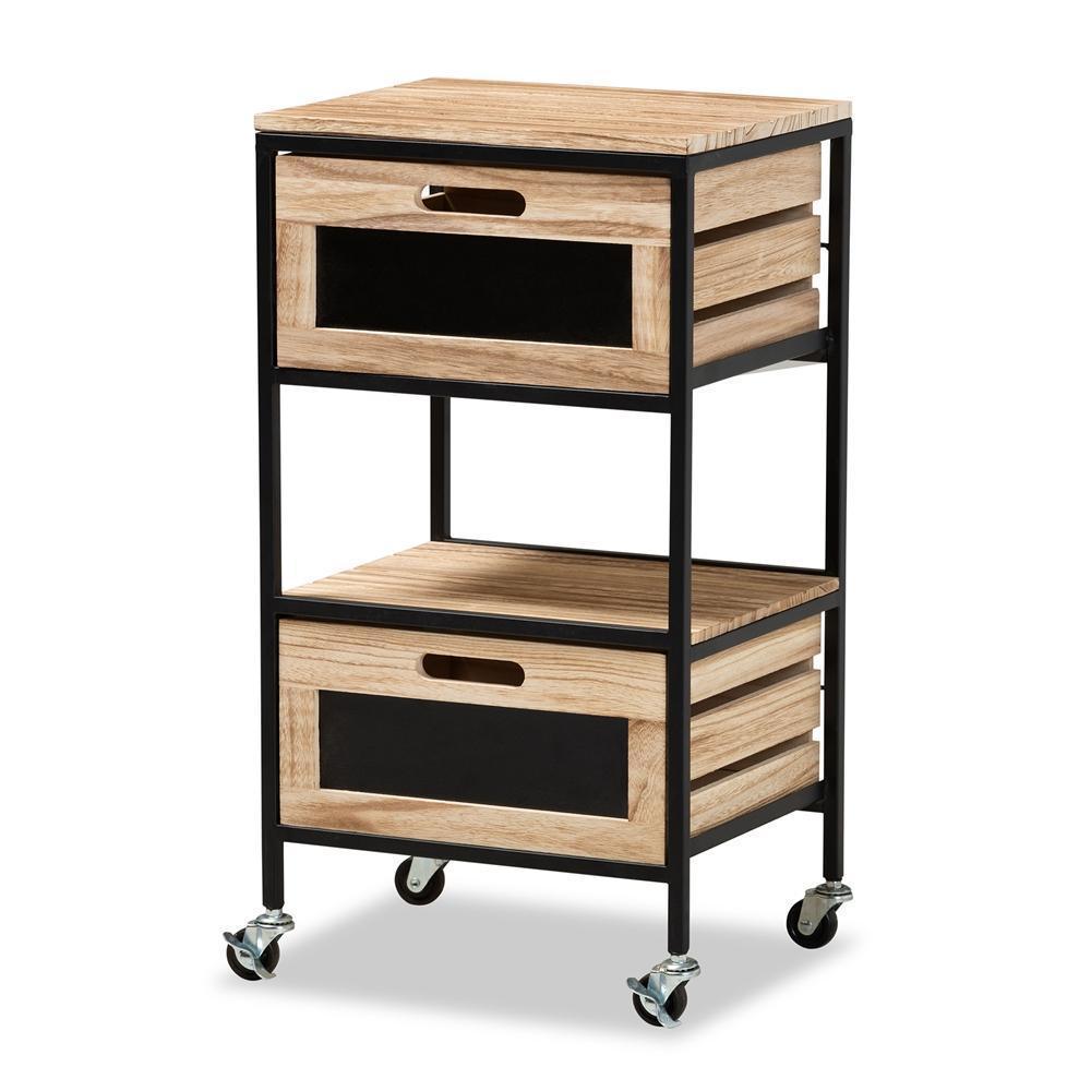 Olinda Modern Industrial Oak Brown Finished Wood and Black Metal 2-Drawer End Table FredCo