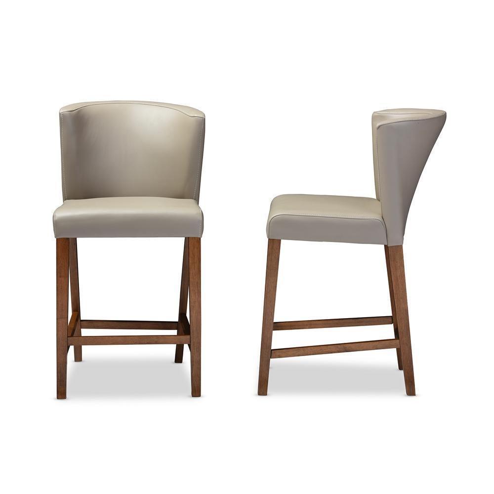 Olivia Mid-century Modern Scandinavian Style Dark Walnut Wood Grey Faux Leather Pub Stool FredCo