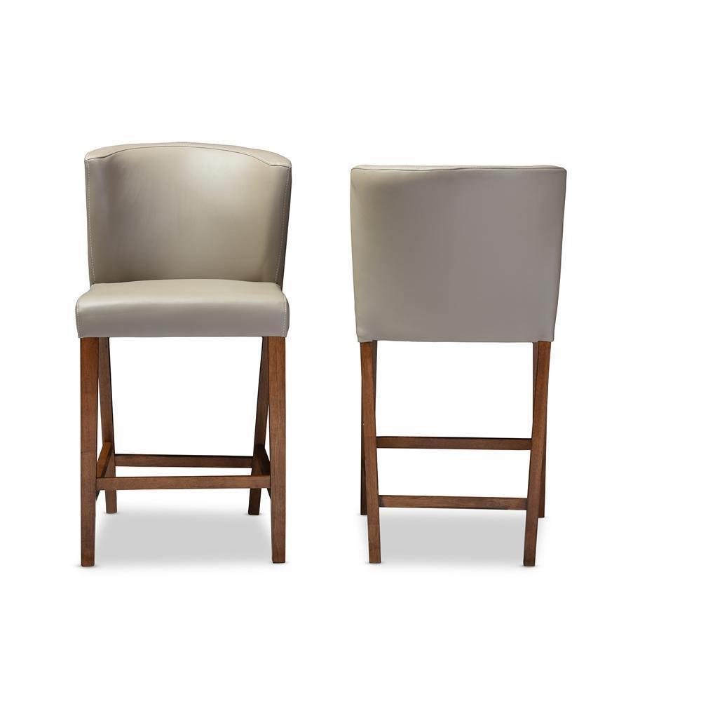 Olivia Mid-century Modern Scandinavian Style Dark Walnut Wood Grey Faux Leather Pub Stool FredCo