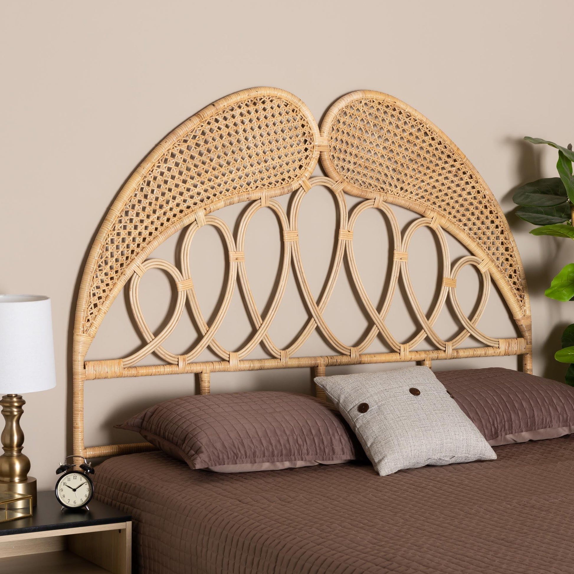 Onika Modern Bohemian Natural Brown Rattan Queen Size Standalone Headboard FredCo