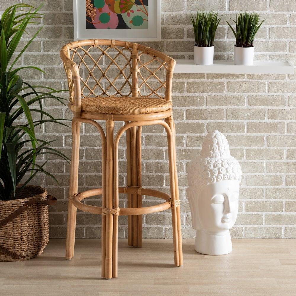 Orchard Modern Bohemian Natural Brown Rattan Bar Stool FredCo