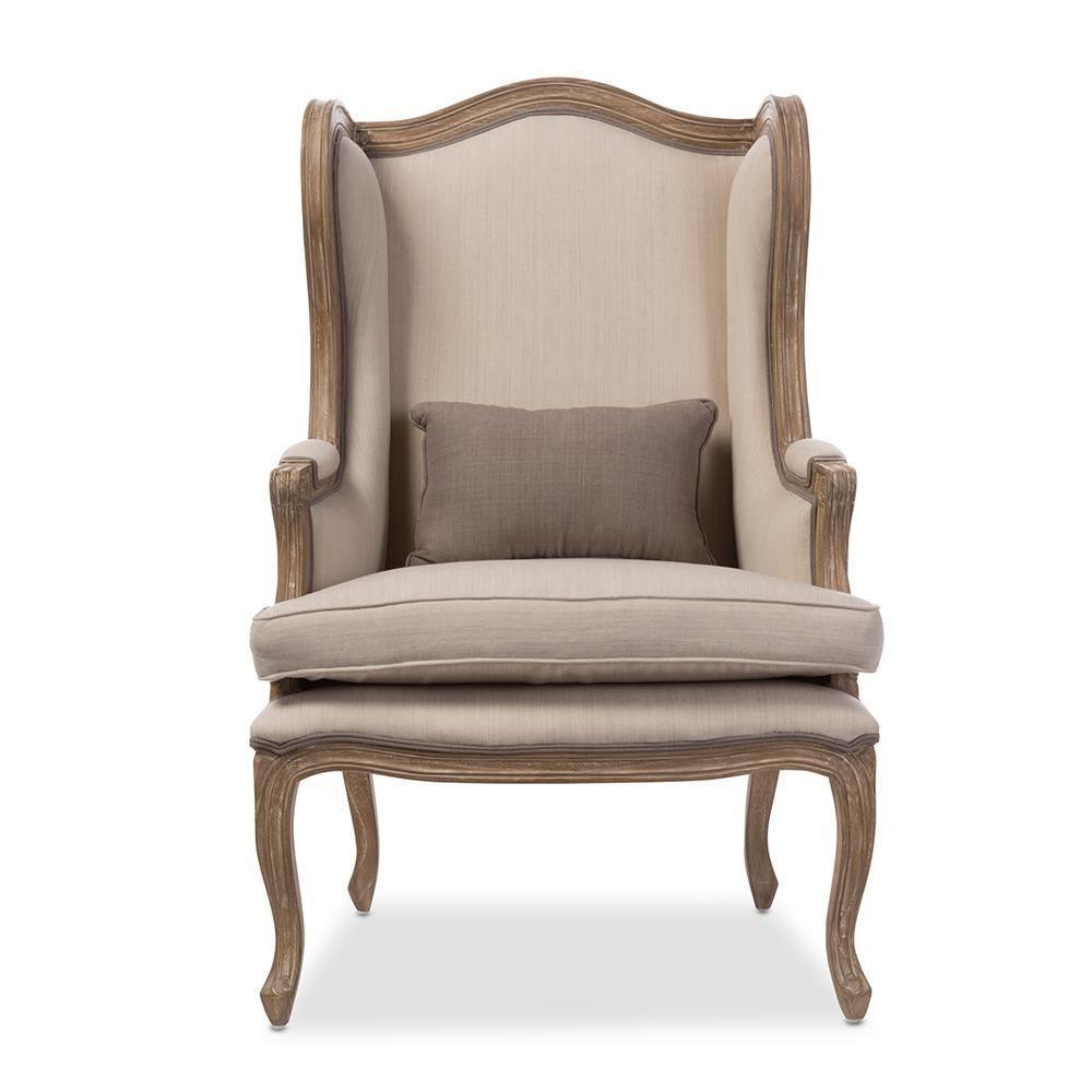 Oreille French Provincial Style White Wash Distressed Two-tone Beige Upholstered Armchair FredCo