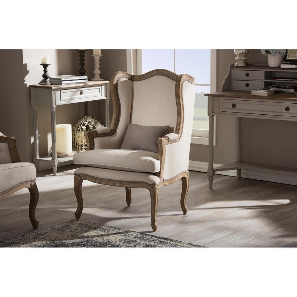 Oreille French Provincial Style White Wash Distressed Two-tone Beige Upholstered Armchair FredCo