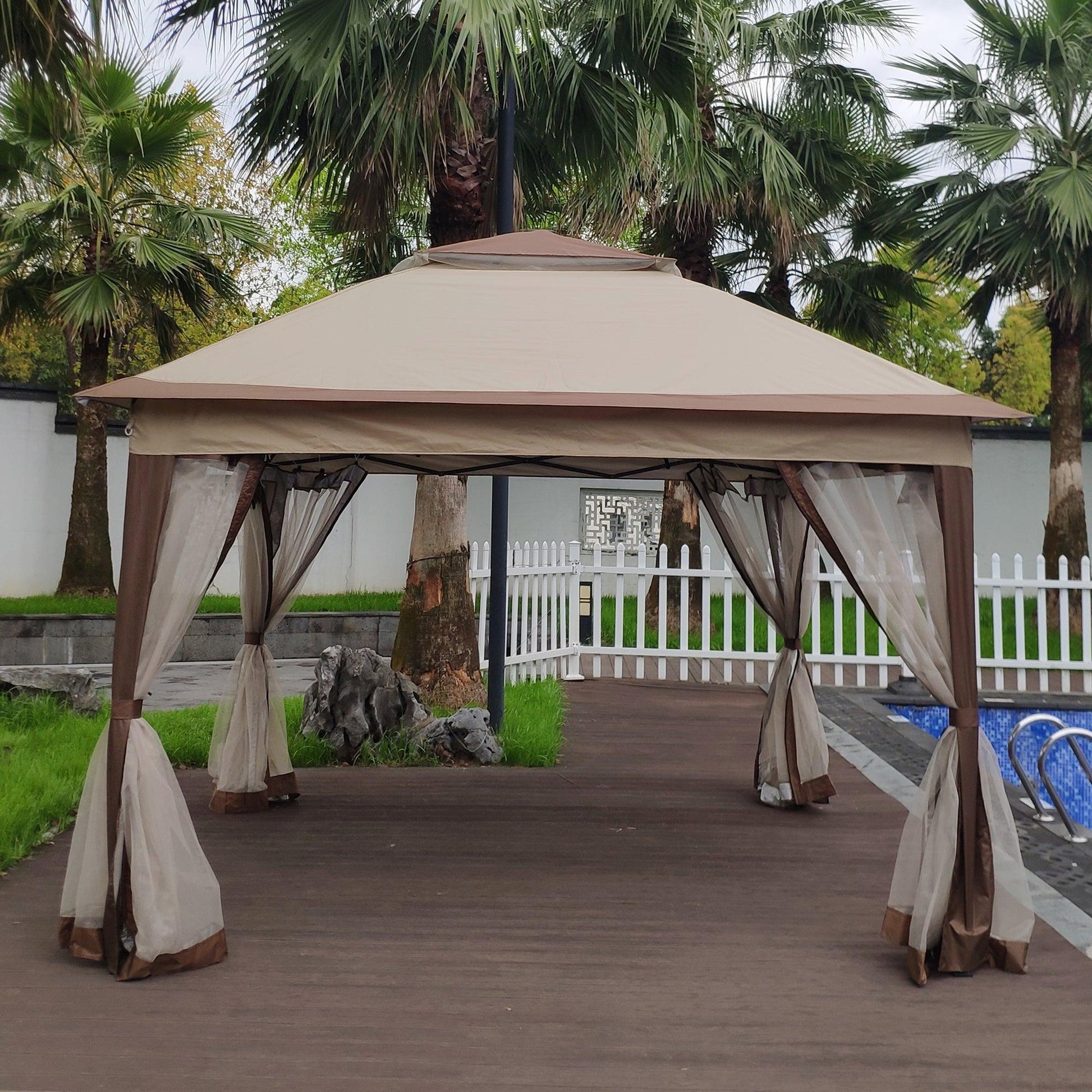 Outdoor 11x 11Ft Pop Up Gazebo Canopy With Removable Zipper Netting,2-Tier Soft Top Event Tent,Suitable For Patio Backyard Garden Camping Area,Coffee FredCo