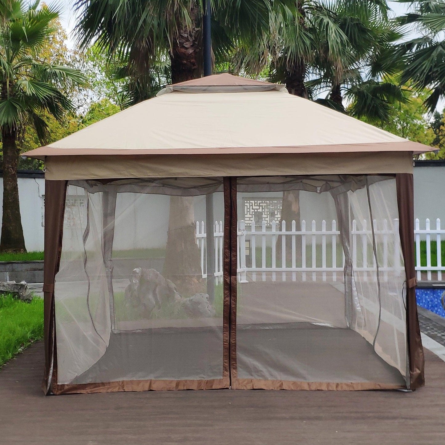 Outdoor 11x 11Ft Pop Up Gazebo Canopy With Removable Zipper Netting,2-Tier Soft Top Event Tent,Suitable For Patio Backyard Garden Camping Area,Coffee FredCo