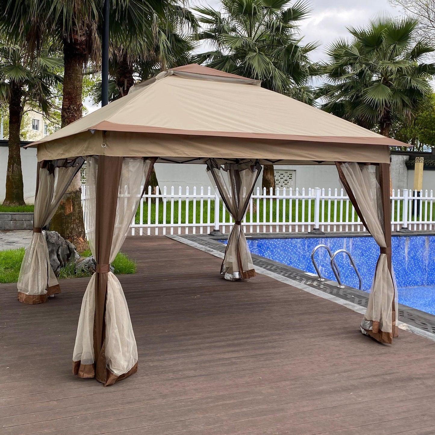Outdoor 11x 11Ft Pop Up Gazebo Canopy With Removable Zipper Netting,2-Tier Soft Top Event Tent,Suitable For Patio Backyard Garden Camping Area,Coffee FredCo
