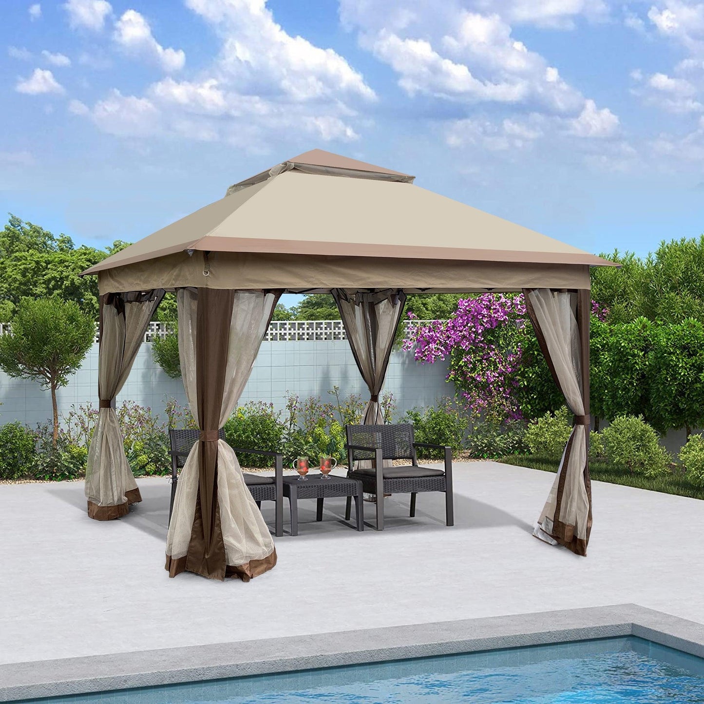 Outdoor 11x 11Ft Pop Up Gazebo Canopy With Removable Zipper Netting,2-Tier Soft Top Event Tent,Suitable For Patio Backyard Garden Camping Area,Coffee FredCo