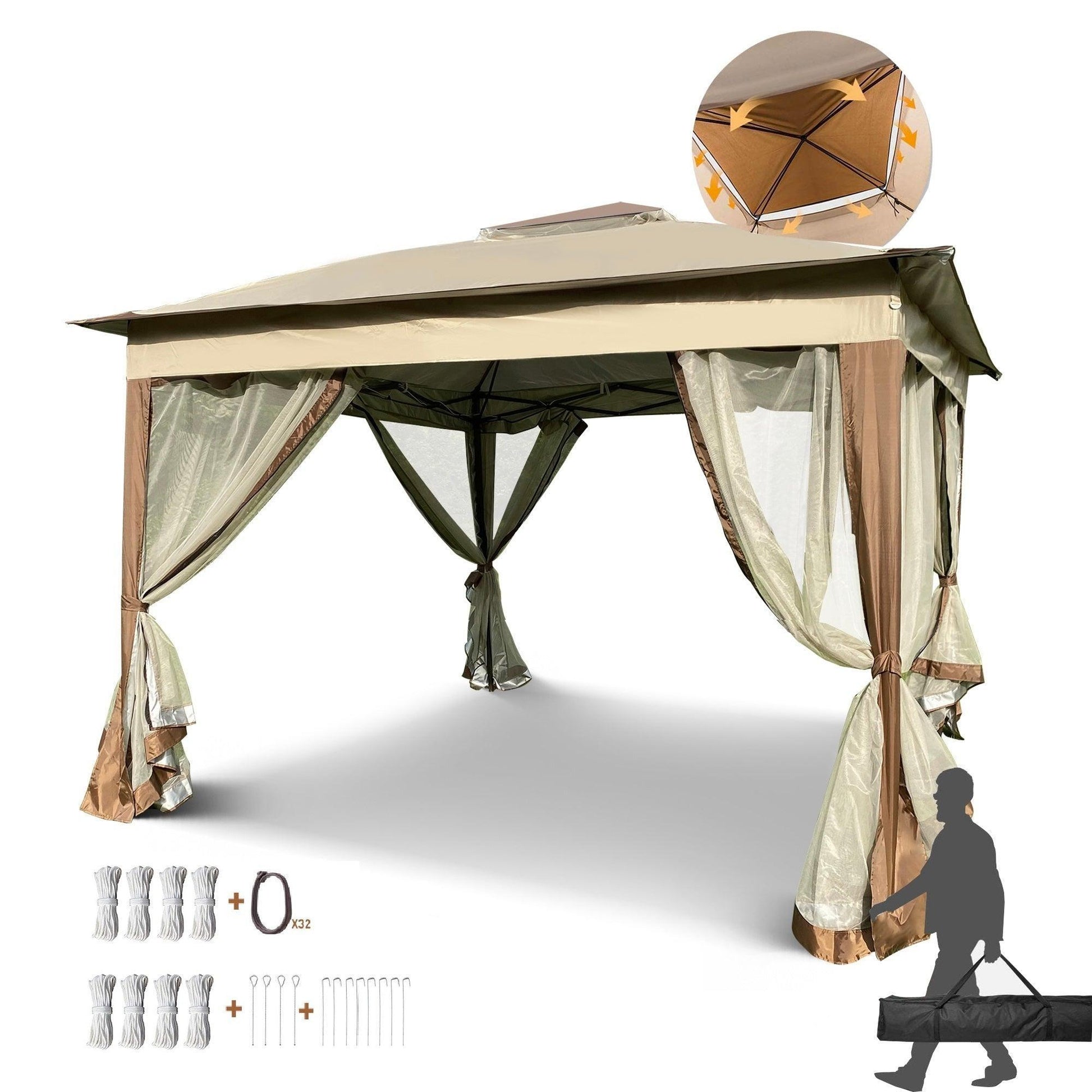 Outdoor 11x 11Ft Pop Up Gazebo Canopy With Removable Zipper Netting,2-Tier Soft Top Event Tent,Suitable For Patio Backyard Garden Camping Area,Coffee FredCo
