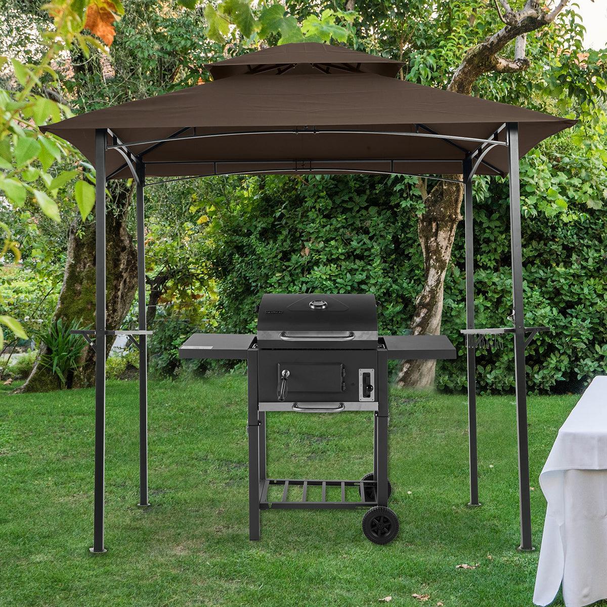 Outdoor Grill Gazebo 8 x 5 Ft, Shelter Tent, Double Tier Soft Top Canopy and Steel Frame with hook and Bar Counters, -Brown FredCo