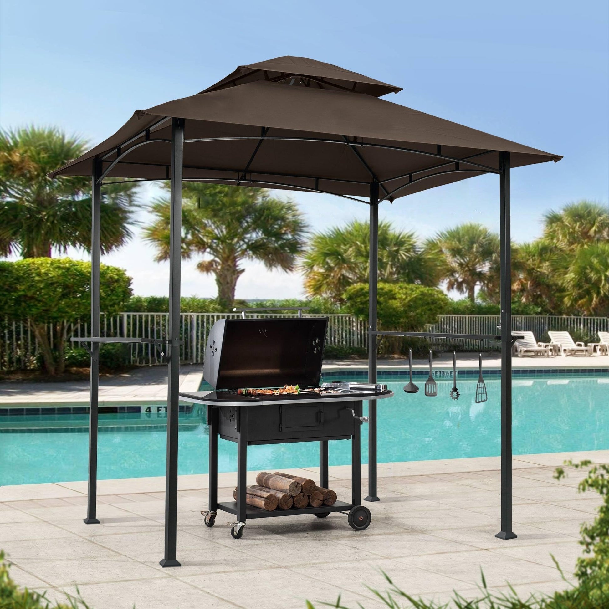 Outdoor Grill Gazebo 8 x 5 Ft, Shelter Tent, Double Tier Soft Top Canopy and Steel Frame with hook and Bar Counters, -Brown FredCo