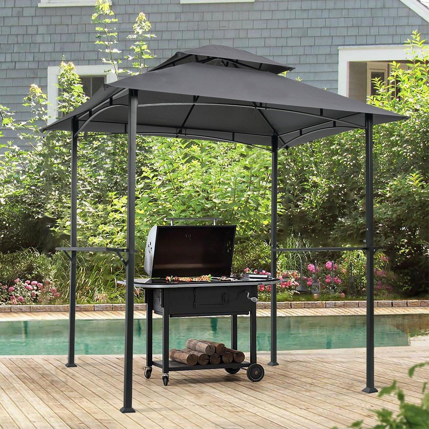 Outdoor Grill Gazebo 8 x 5 Ft, Shelter Tent, Double Tier Soft Top Canopy and Steel Frame with hook and Bar Counters, Grey FredCo