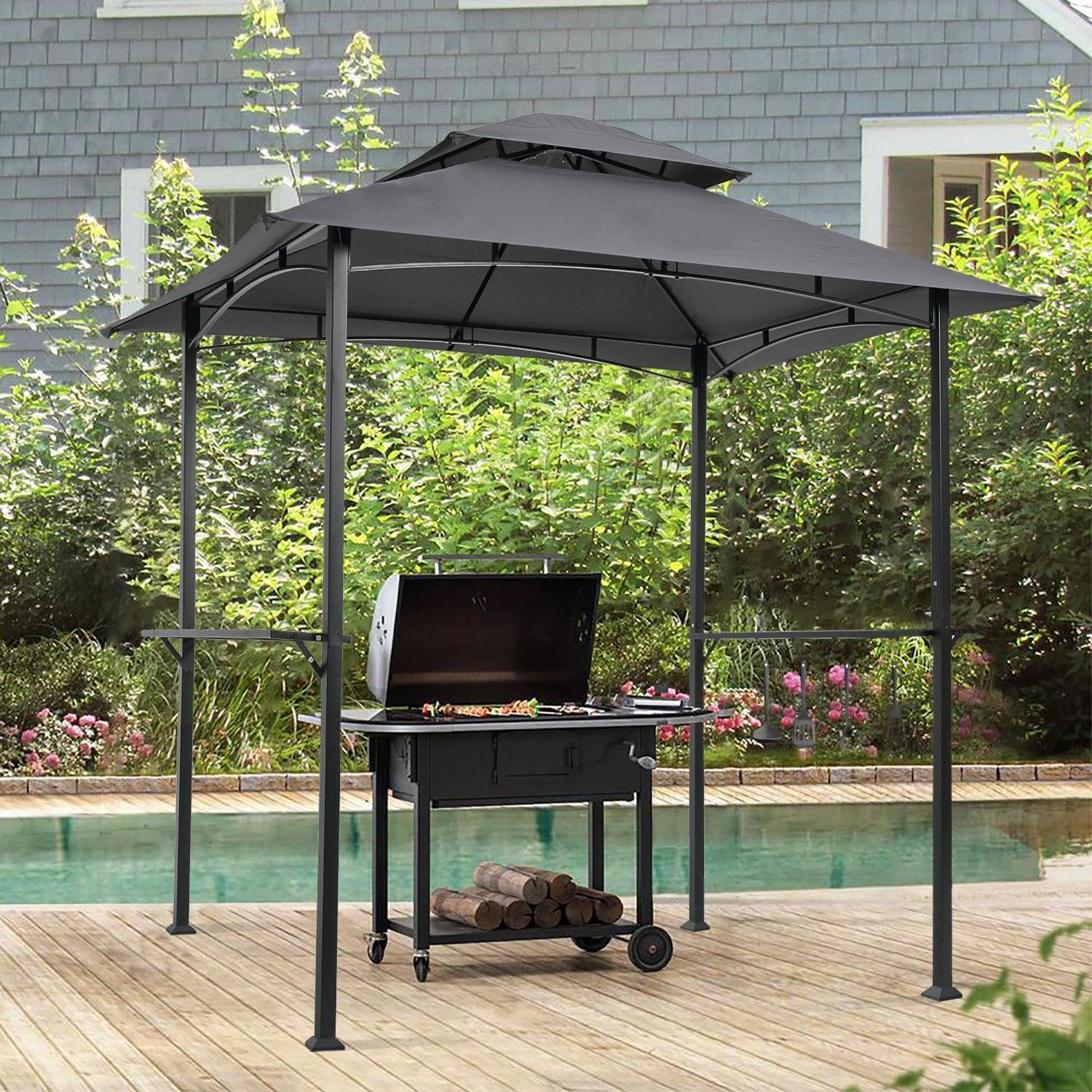 Outdoor Grill Gazebo 8 x 5 Ft, Shelter Tent, Double Tier Soft Top Canopy and Steel Frame with hook and Bar Counters, Grey FredCo