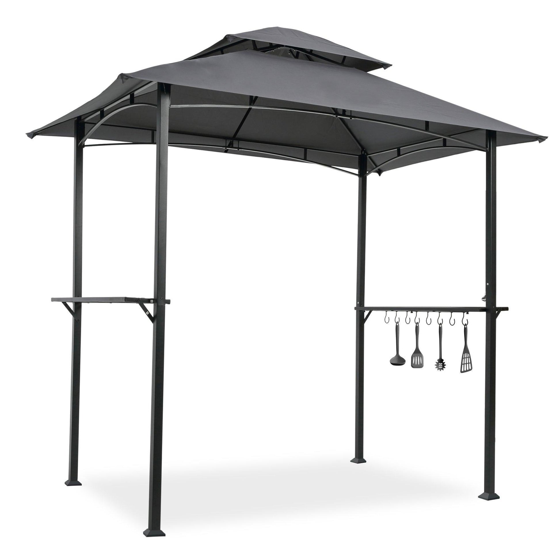 Outdoor Grill Gazebo 8 x 5 Ft, Shelter Tent, Double Tier Soft Top Canopy and Steel Frame with hook and Bar Counters, Grey FredCo