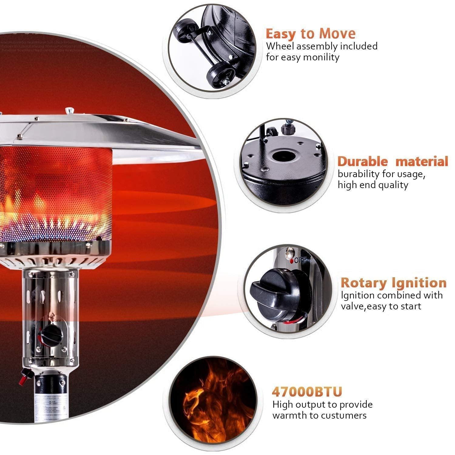 Outdoor Patio Propane Heater with Portable Wheels 47,000 BTU 88 inch Standing Gas Outside Heater Stainless Steel Burner FredCo