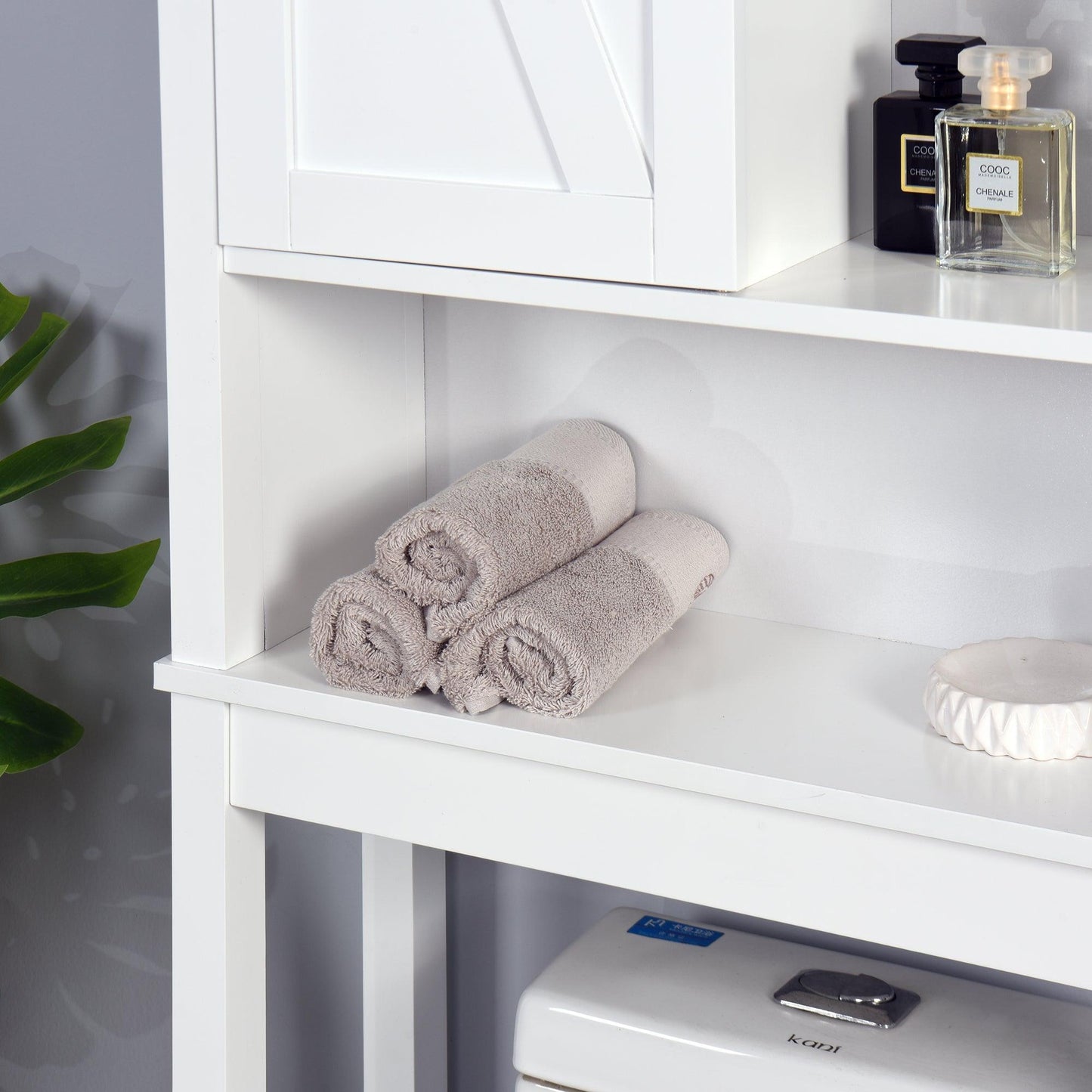 Over-the-Toilet Storage Cabinet, Space-Saving Bathroom Cabinet, with Adjustable Shelves and A Barn Door FredCo
