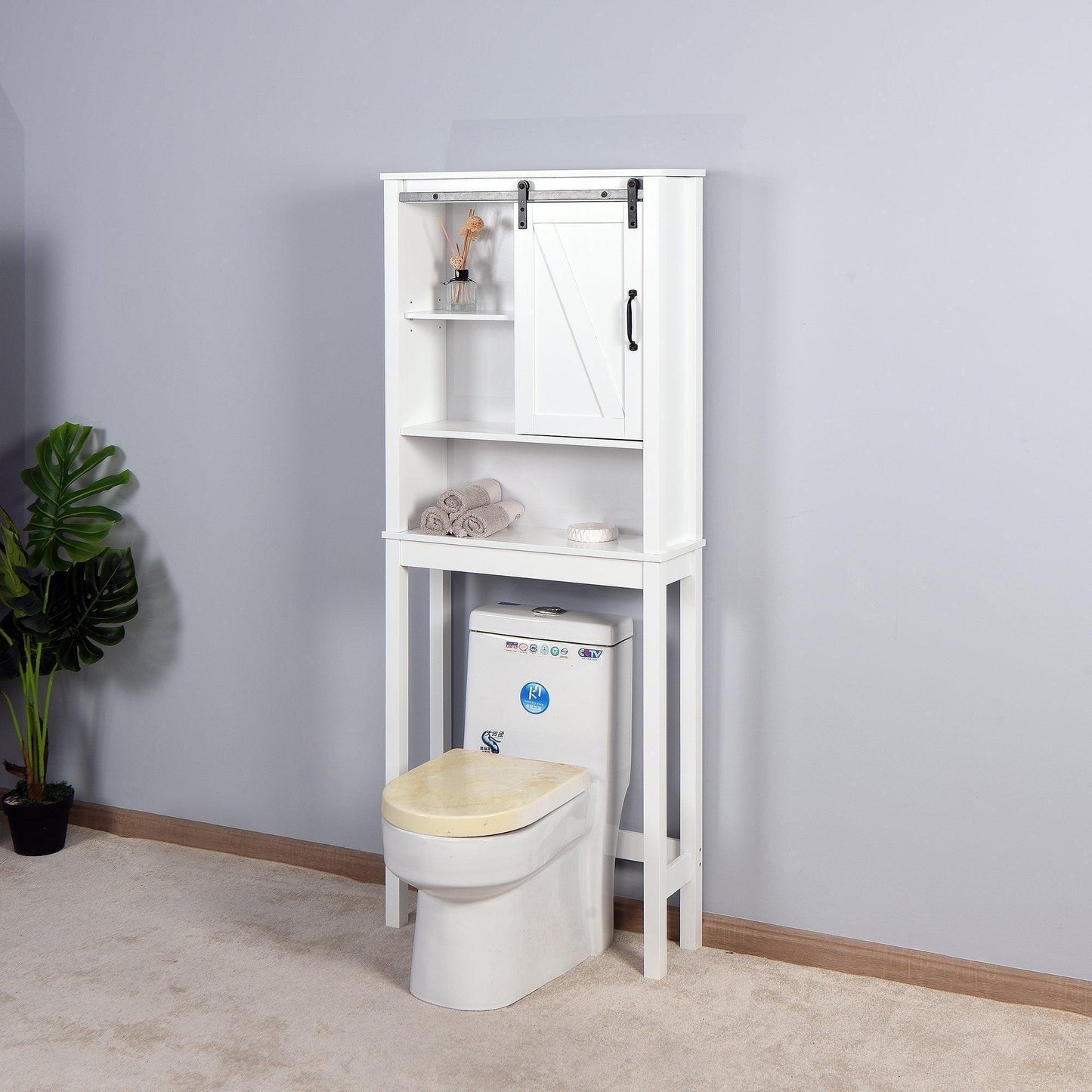 Over-the-Toilet Storage Cabinet, Space-Saving Bathroom Cabinet, with Adjustable Shelves and A Barn Door FredCo