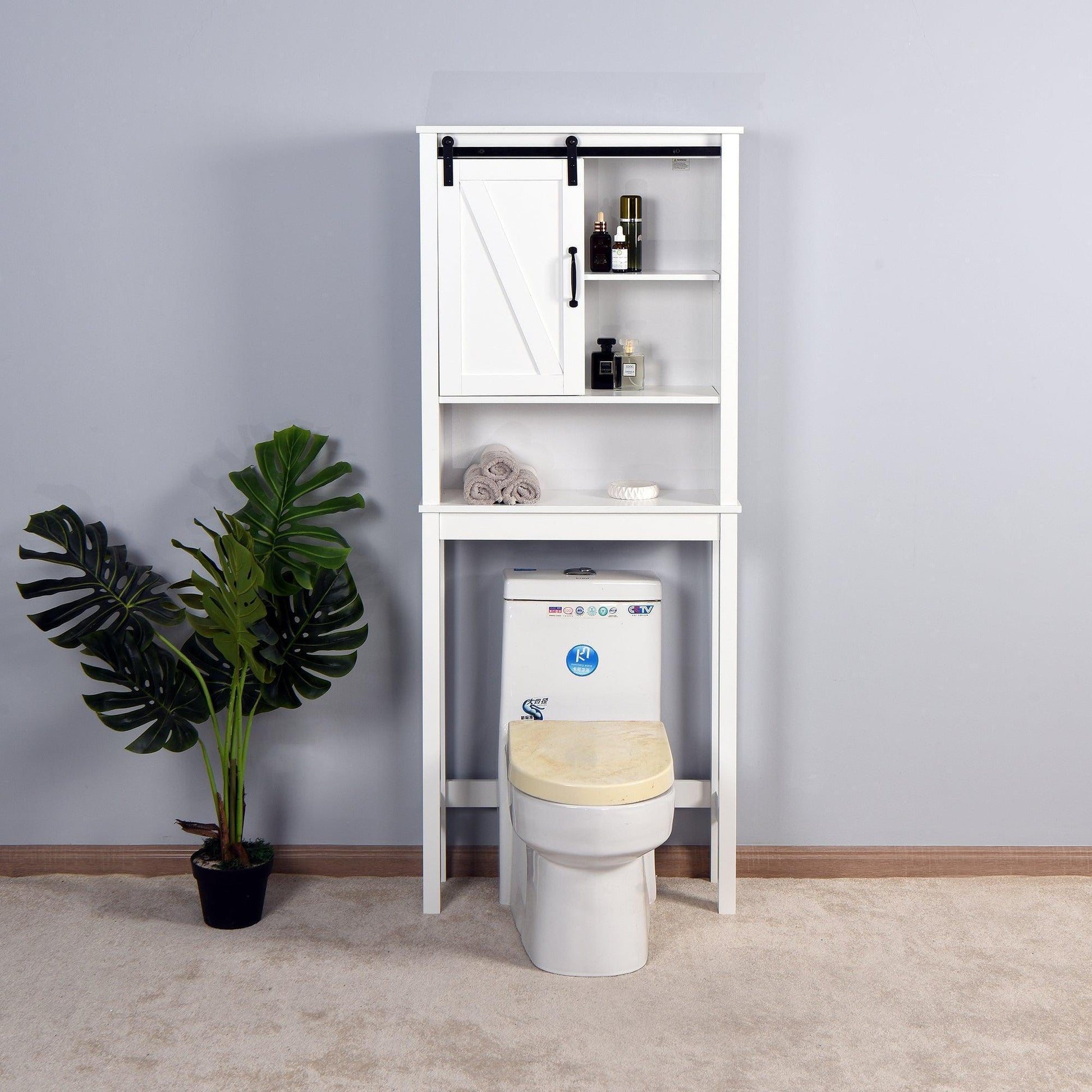 Over-the-Toilet Storage Cabinet, Space-Saving Bathroom Cabinet, with Adjustable Shelves and A Barn Door FredCo