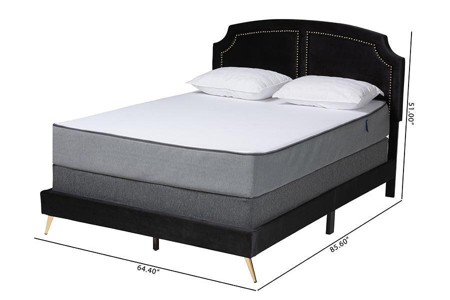 Oxley Traditional Glam and Luxe Black Velvet and Gold Metal Queen Size Panel Bed FredCo