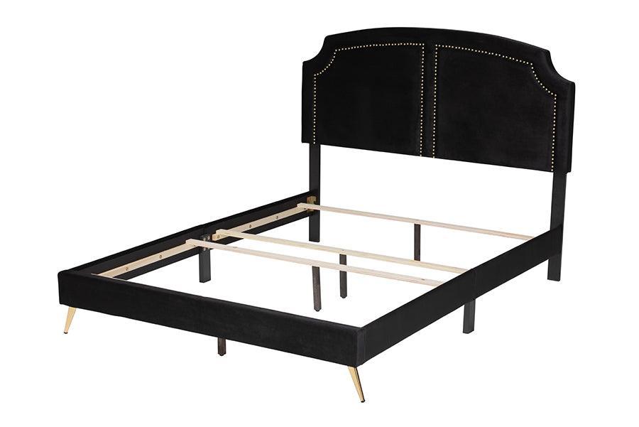 Oxley Traditional Glam and Luxe Black Velvet and Gold Metal Queen Size Panel Bed FredCo