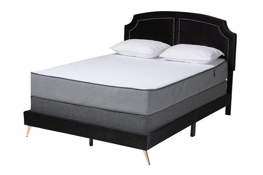 Oxley Traditional Glam and Luxe Black Velvet and Gold Metal Queen Size Panel Bed FredCo