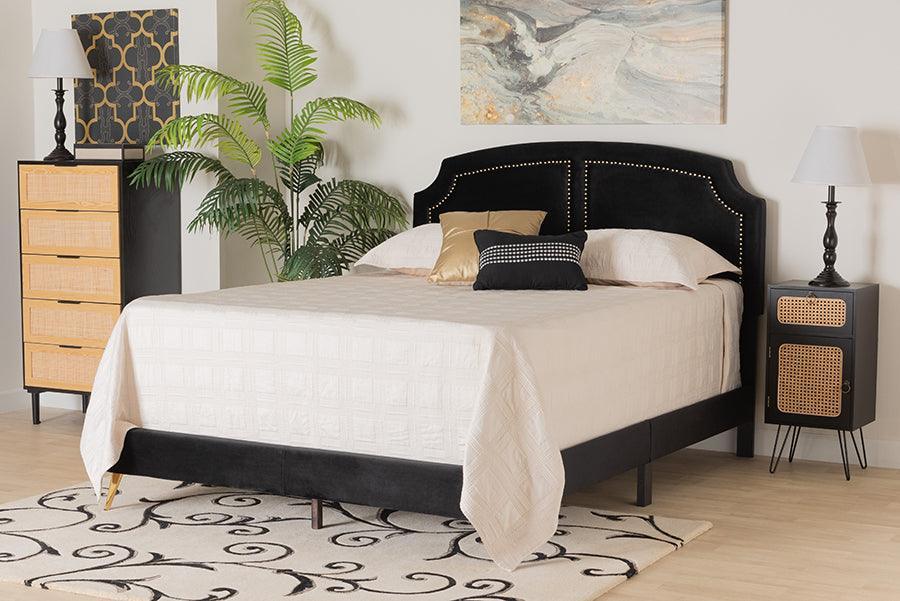Oxley Traditional Glam and Luxe Black Velvet and Gold Metal Queen Size Panel Bed FredCo