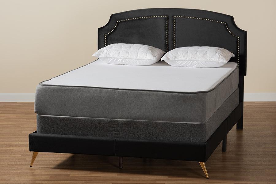 Oxley Traditional Glam and Luxe Black Velvet and Gold Metal Queen Size Panel Bed FredCo