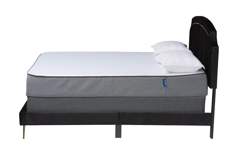 Oxley Traditional Glam and Luxe Black Velvet and Gold Metal Queen Size Panel Bed FredCo