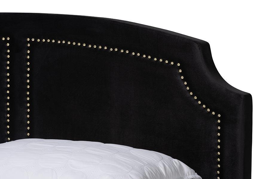 Oxley Traditional Glam and Luxe Black Velvet and Gold Metal Queen Size Panel Bed FredCo