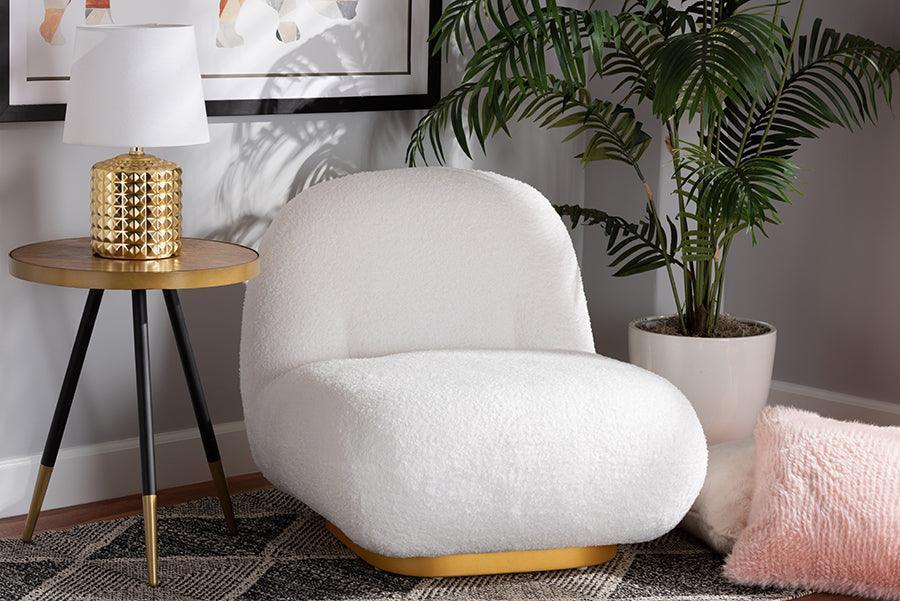 Paiva Modern and Contemporary White Boucle Upholstered and Brushed Gold Finished Accent Chair FredCo