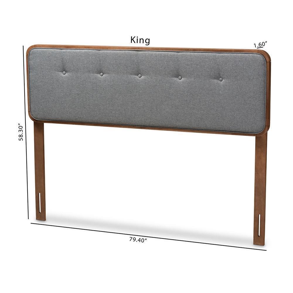 Palina Mid-Century Modern Dark Grey Fabric Upholstered Walnut Brown Finished Wood King Size Headboard FredCo