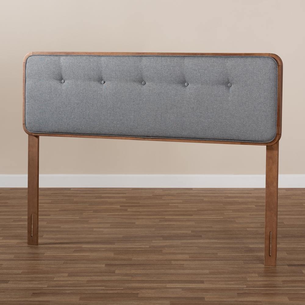Palina Mid-Century Modern Dark Grey Fabric Upholstered Walnut Brown Finished Wood King Size Headboard FredCo