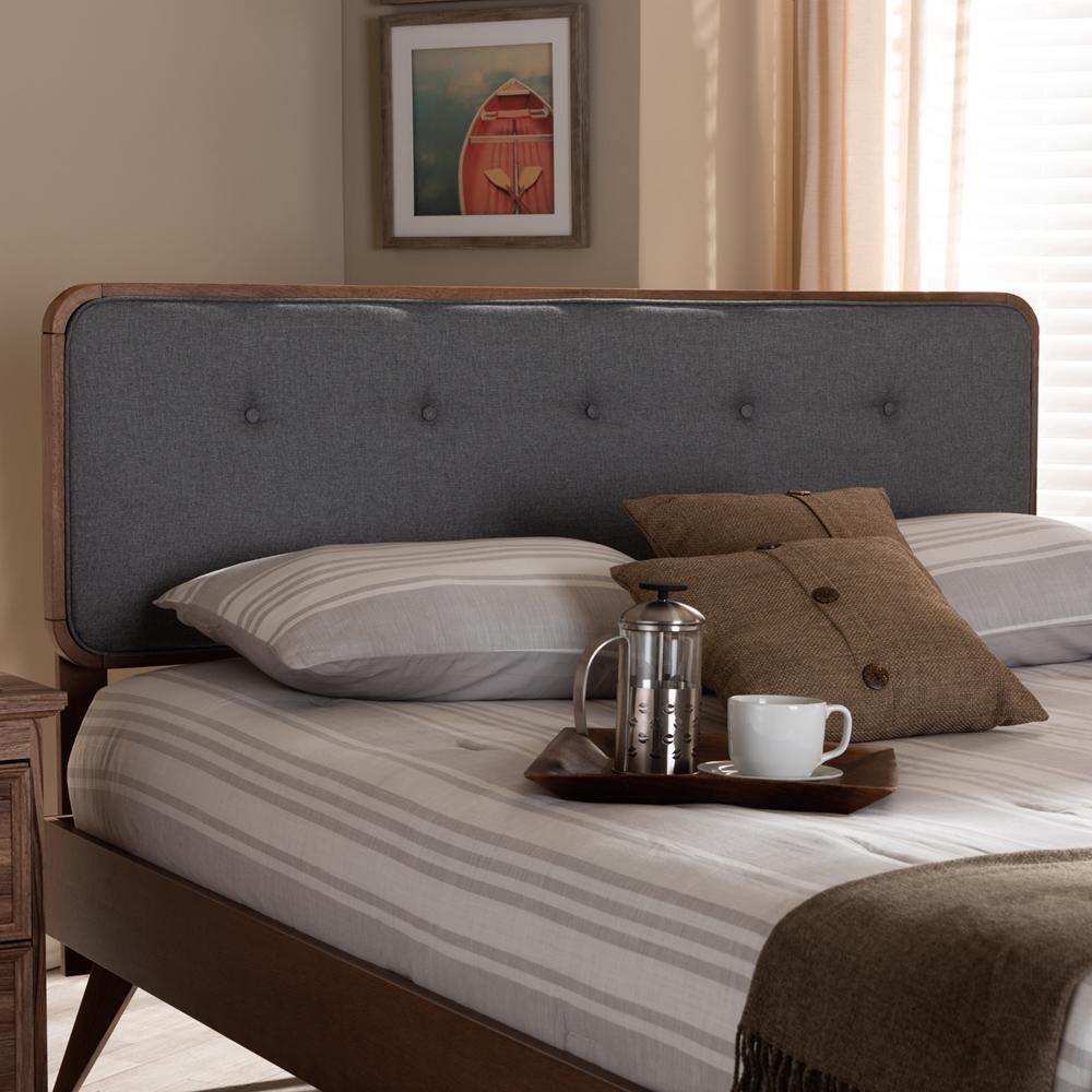 Palina Mid-Century Modern Dark Grey Fabric Upholstered Walnut Brown Finished Wood King Size Headboard FredCo