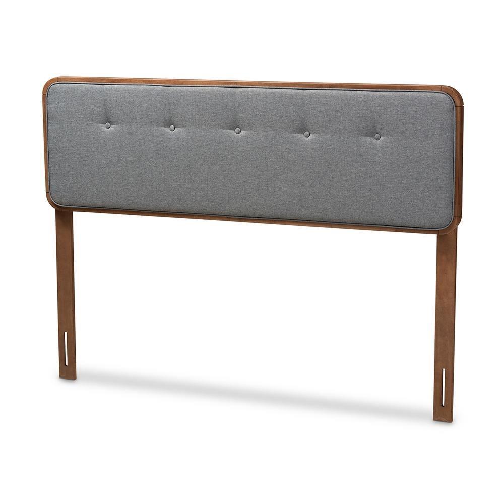 Palina Mid-Century Modern Dark Grey Fabric Upholstered Walnut Brown Finished Wood Queen Size Headboard FredCo