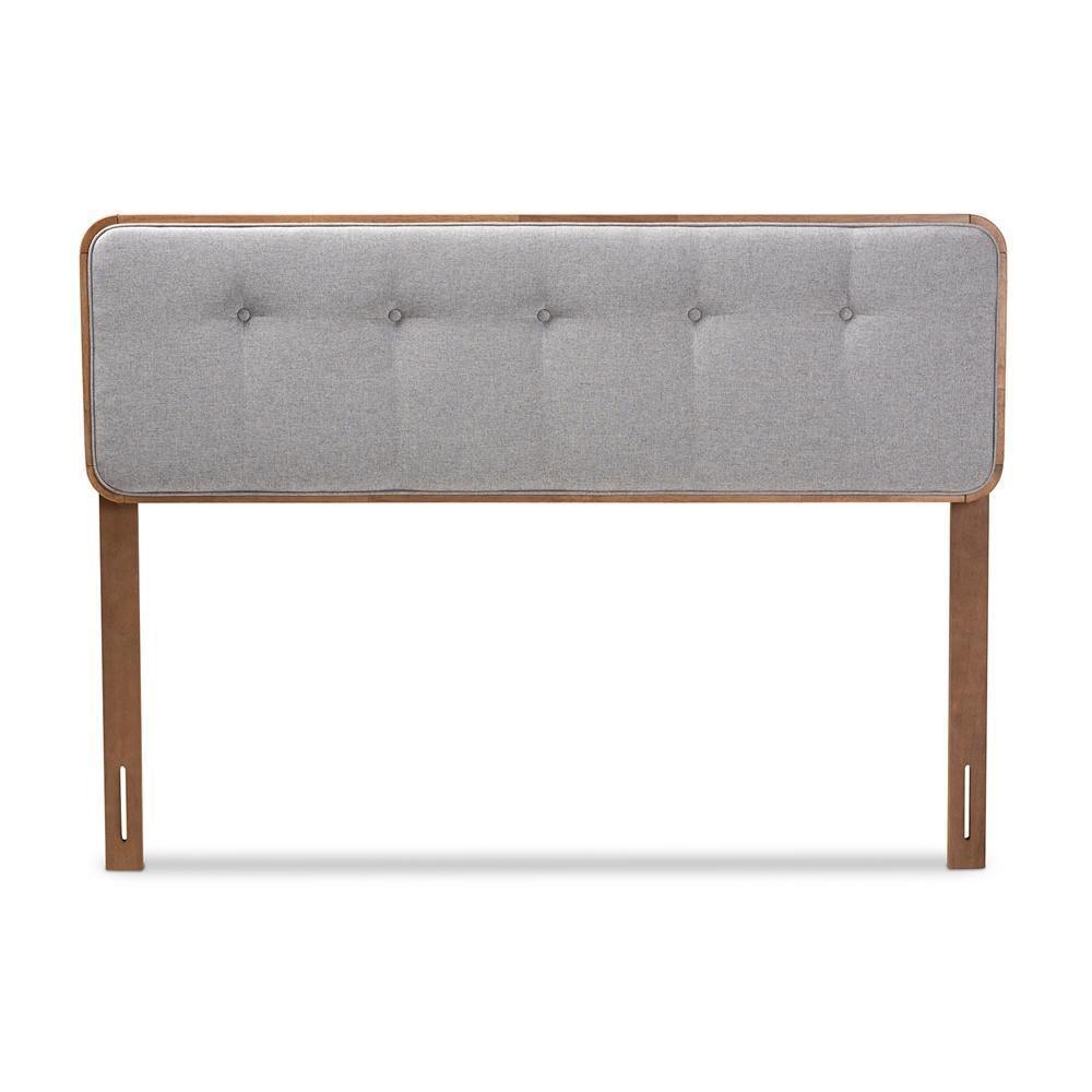 Palina Mid-Century Modern Light Grey Fabric Upholstered Walnut Brown Finished Wood Queen Size Headboard FredCo