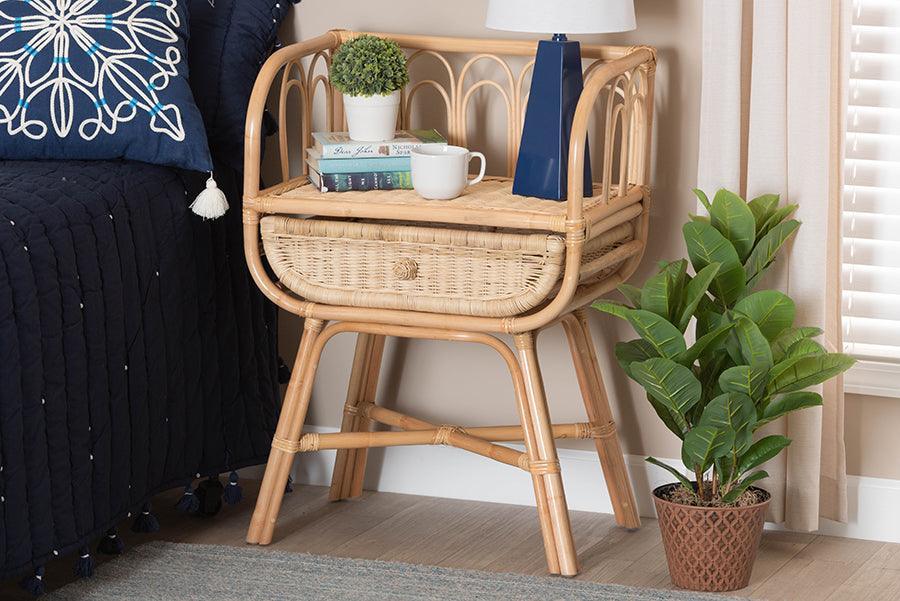 Panchali Modern Bohemian Natural Brown Rattan Nightstand FredCo