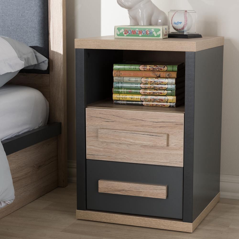 Pandora Modern and Contemporary Dark Grey and Light Brown Two-Tone 2-Drawer Nightstand FredCo