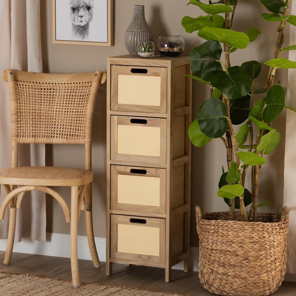 Paolo Mid-Century Modern Natural Brown Finished Wood and Rattan 4-Drawer Storage Unit FredCo