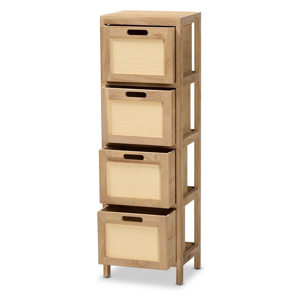Paolo Mid-Century Modern Natural Brown Finished Wood and Rattan 4-Drawer Storage Unit FredCo